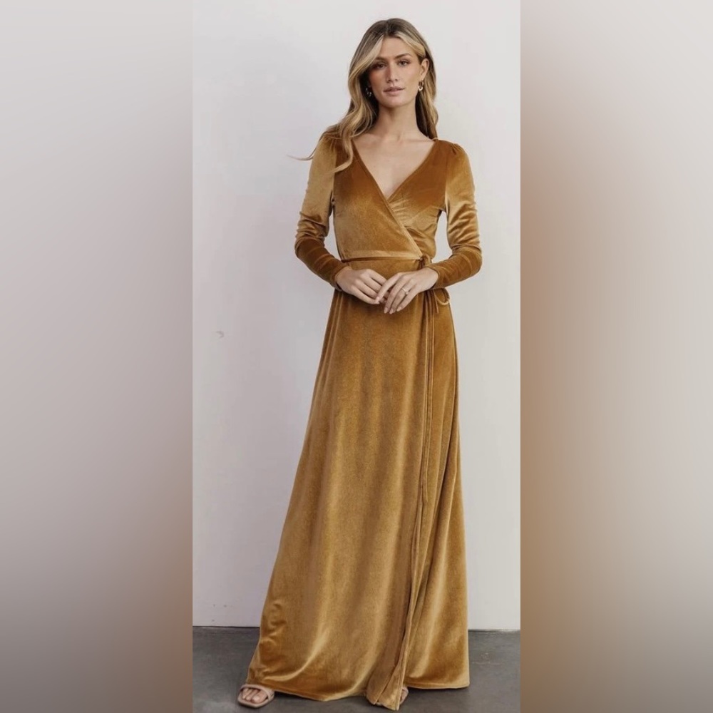 Baltic Born Gold Velvet Long-Sleeved Wrap Dress